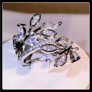 NEW 925 SIMULATED DIAMOND SILVER LEAF WRAP-AROUND ORNATE PAVE MARQUISE RING